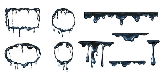 Ink splat spot drop drip splash black oil frame isolated set graphic design illustration