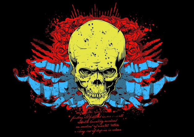 Ink spotted skull on a bloody rose background