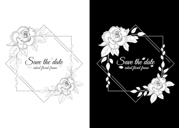 Vector inked black and white floral frame with roses