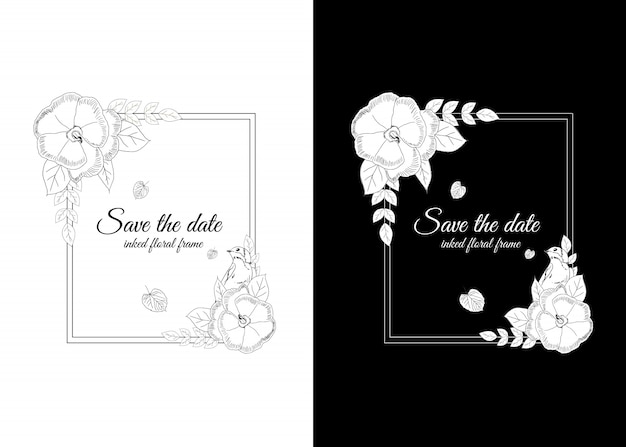 Vector inked black and white floral frame with swallows