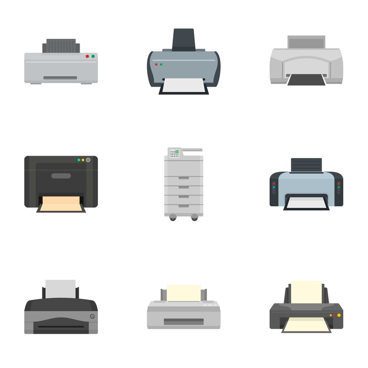 Vector inkjet printer icon set. platte set van 9 inkjetprinterpictogrammen