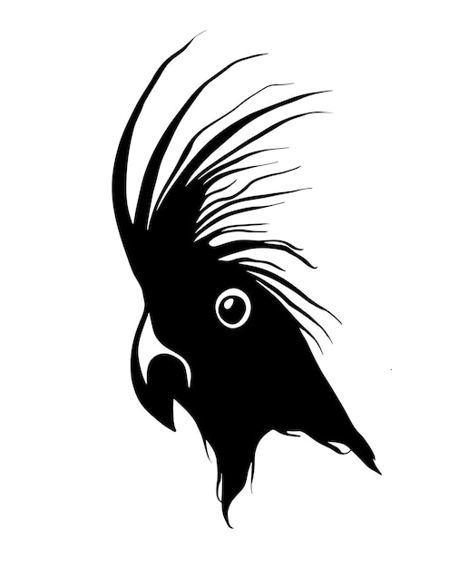 Vector inktteking van een papegaaienhoofd leuke zwarte vogel met een grote met de hand getekende pluim op een witte achtergrond geïsoleerd hoofd van een tropische vogel in schetsstijl voor afdrukken vectorillustratie