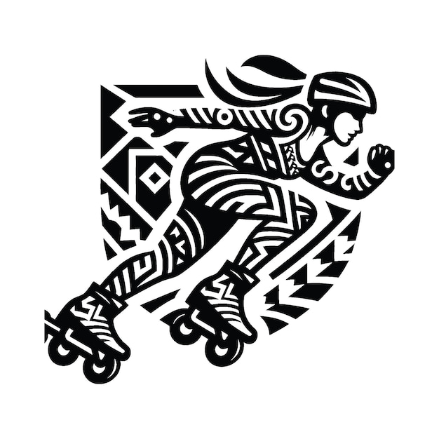 Inline Skating female player in ethnic polynesia pattern illustration emblem shield badge
