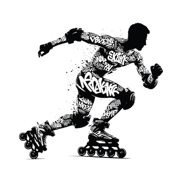 Inline Skating roller skate male player in graffiti tags street art pattern illustration emblem shield badge