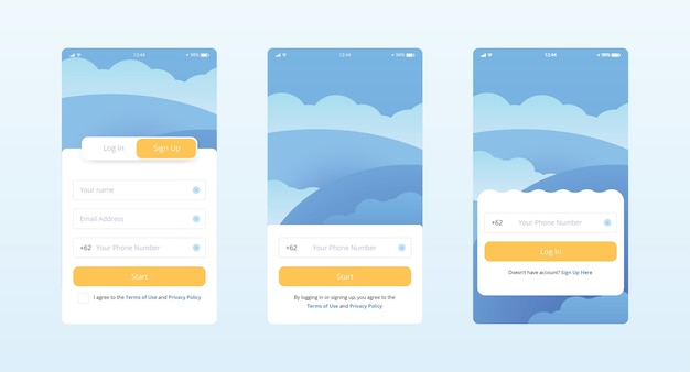 Inloggen en aanmelden formulierpaginasjabloon ingesteld op bewolkte blauwe gradiëntlandschapsachtergrond voor apps
