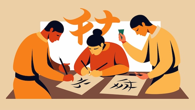 Vector inmates learning the art of calligraphy using precise and intentional strokes to write meaningful