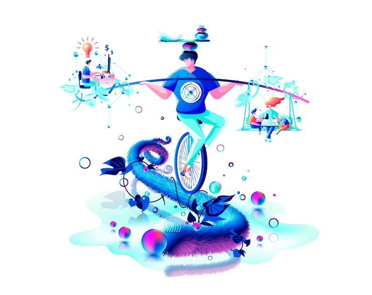 Vector inner balance in hand harmony between family household and work job time managementman circus performer riding unicycle rope