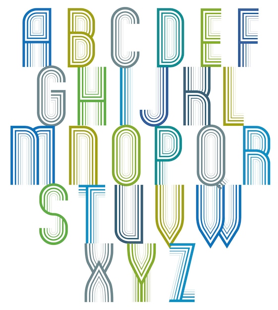 Vettore carattere stile retrò anni '70 a strisce echo interno, alfabeto vettoriale lettere geometriche alla moda, carattere tipografico vintage. set di lettere maiuscole. vettore.