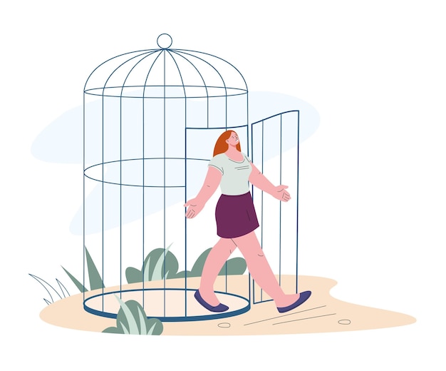 Inner freedom discovery Stop limit life and oppressed feeling free Woman prison escape from cage mental health kicky vector concept of freedom mental illustration