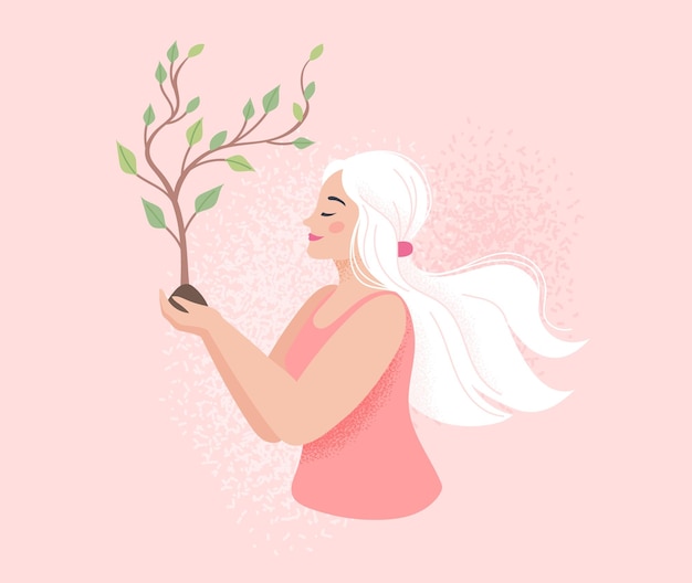 Vector inner self and mindfulness concept woman holding a growing tree mental health self care or gardening