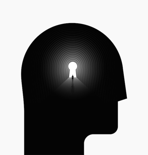 Vector inner world or inner space psychologic concept with black human head