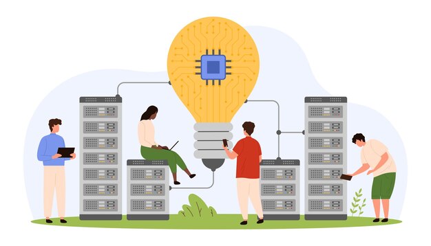 Innovatie data technologie kleine mensen werken aan het idee om gloeilamp en servers te verbinden