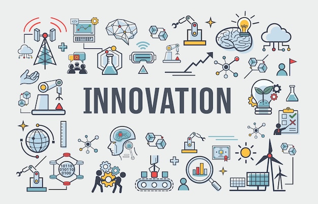 Innovation banner icon for business, brain, research, development and science.