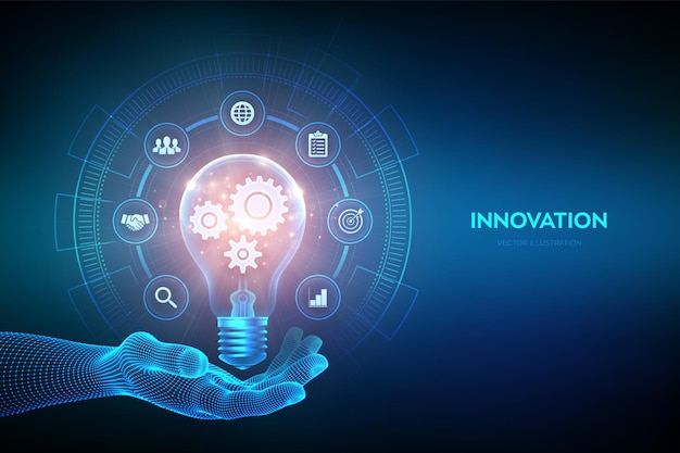 Innovation business innovative idea concept creative idea light bulb with gears cogs inside in hand