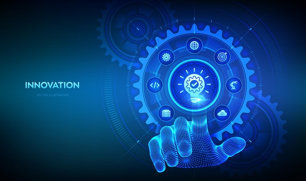 Innovation Business innovative idea and solution technology concept Creative Idea Brainstorming Creative Thinking Hand touching digital interface with connected gears cogs and icons Vector