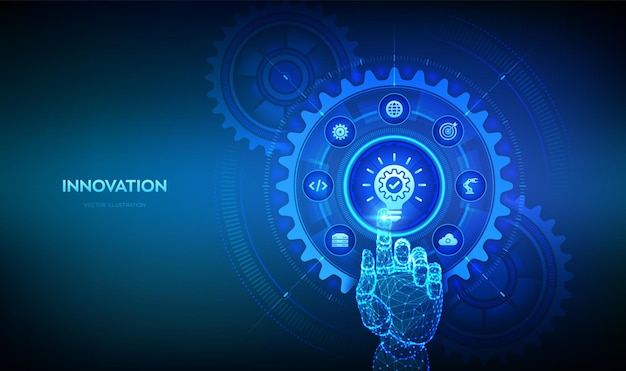 Innovation Business innovative idea and solution technology concept Creative Idea Brainstorming Creative Thinking Hand touching digital interface with connected gears cogs and icons Vector