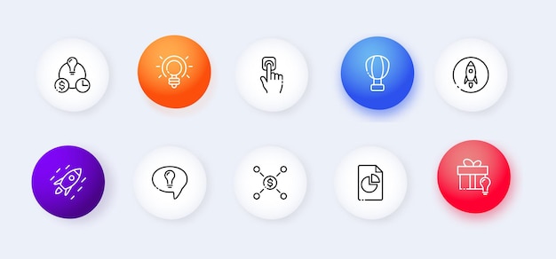 Innovation flat icons set Earnings business finance investments stocks internet security speech bubble light bulb gift rocket data idea concept Vector flat line icons set