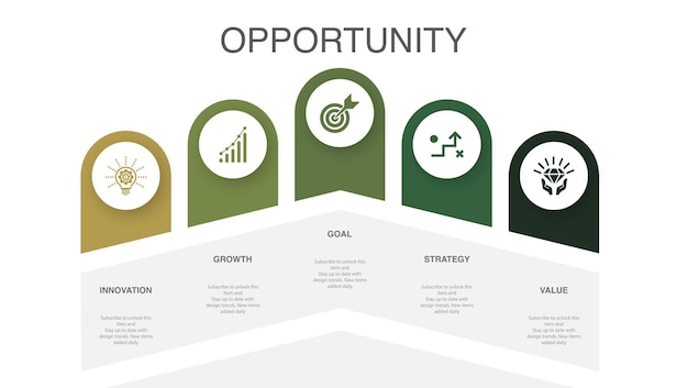 Innovation growth goal strategy value icons Infographic design layout template Creative presentation concept with 5 steps