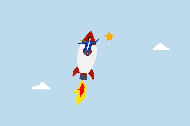 innovation to help or support work success entrepreneur speeding swiftly on a rocket to reach a gol