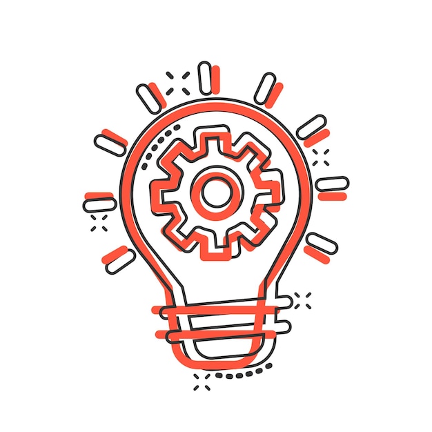Innovation icon in comic style Lightbulb with cogwheel cartoon vector illustration on white isolated background Idea splash effect business concept
