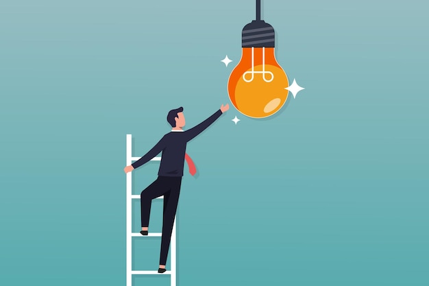 Innovation idea to drive success business innovative solution to achieve a goal businessman climb up ladder to reach lightbulb symbol