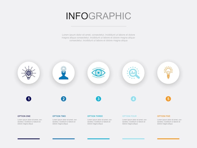 Инновации, вдохновение, анализ видения, креативность, иконки. Шаблон инфографического дизайна. Креативная концепция с 5 шагами.