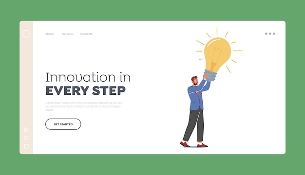 Innovation Landing Page Template Creative Idea Concept Tiny Businessman Character Hold Huge Glowing Light Bulb