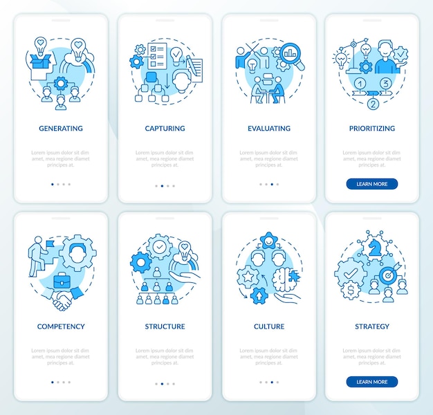 Set di schermate dell'app mobile per l'onboarding blu della struttura di gestione dell'innovazione