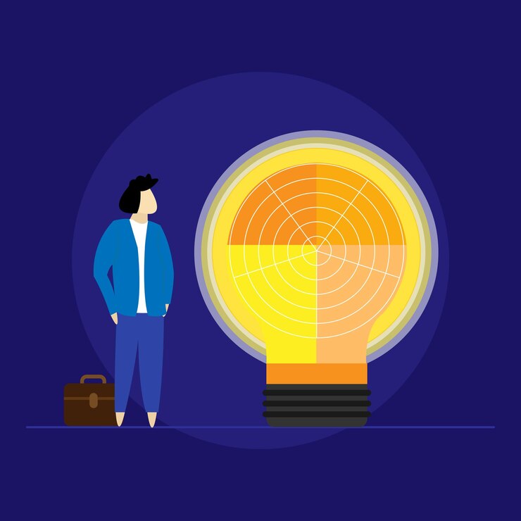 Vector innovation and positive energy of creative thinking, big hand gives idea light bulb to businessman