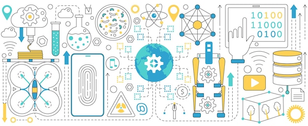 Вектор Технология инноваций тонкая линия оборудование и символы беспилотный робот центр данных