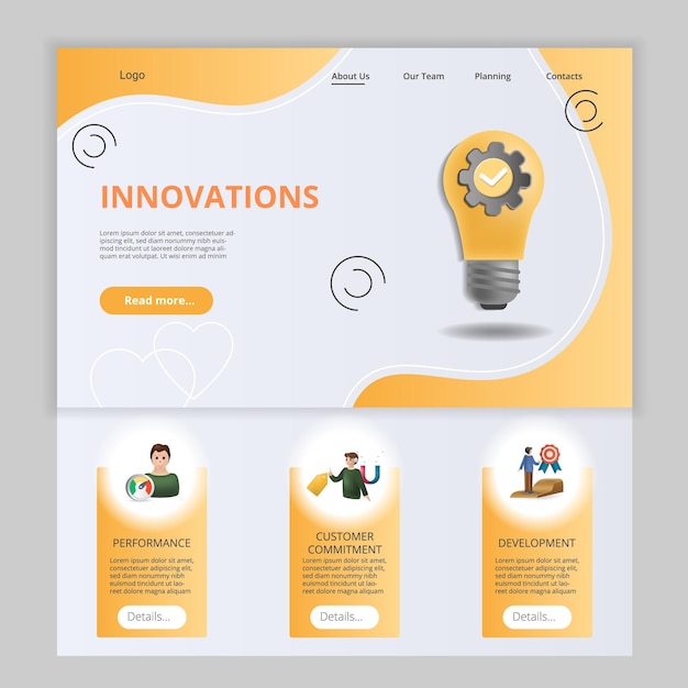Innovations flat landing page website template performance customer commitment development web
