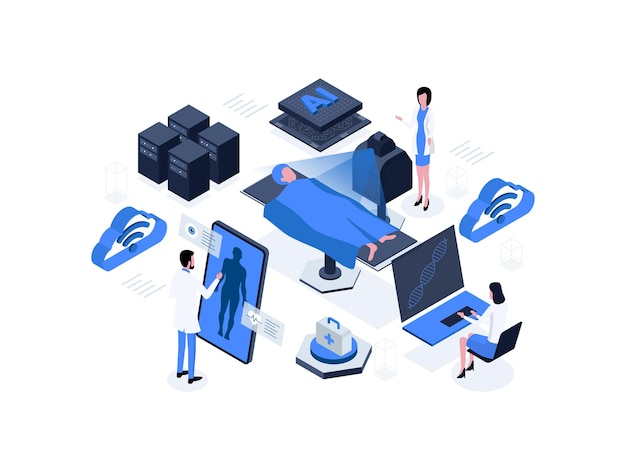 Vector the innovative concept of healthcare involves an ai robot utilizing medical applications to examine a patient in a hospital artificial intelligence in healthcare isometric illustration