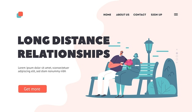 innovative dating app landing page template young couple in vr goggles sit on bench in city park romantic relations