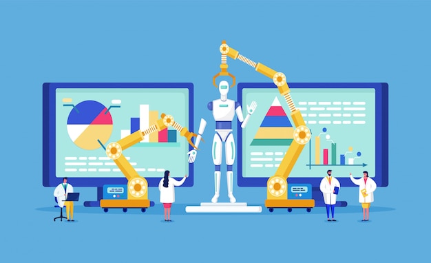 ベクトル 革新的なラボ技術の人々の科学者が研究を行い、バイオロボットのイラストをモデル化します。