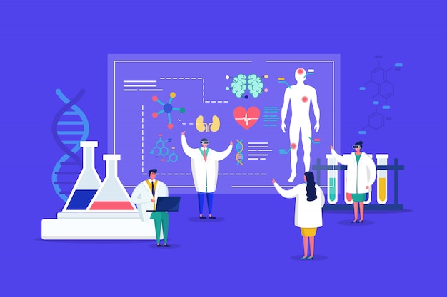 Innovative lab tiny people medics in 3d glasses conduct research, analyze human organs on sqreen medical discovery for health care  illustration.