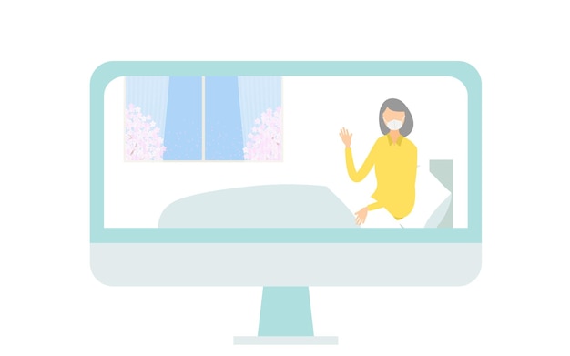 Vector inpatient woman getting up in bed for online visit