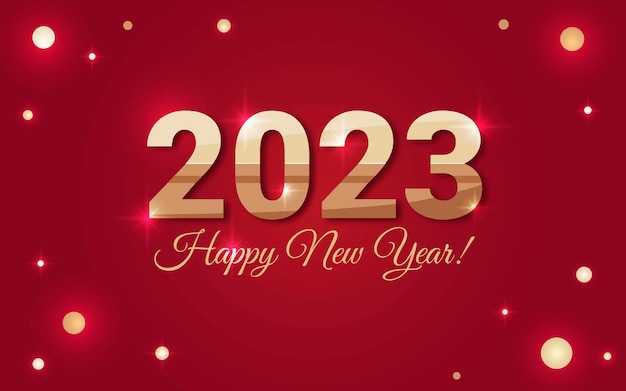 Inscriptie 2023 Happy New Year op een rode achtergrond met glitters