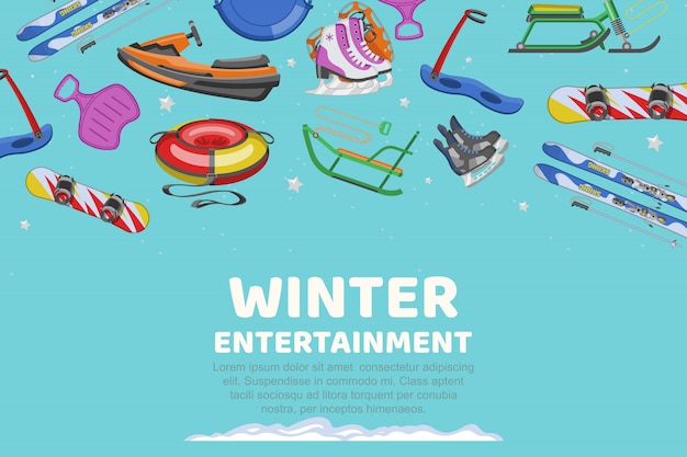 Vector inscriptie winter entertainment, collectie items voor sport en entertainment ,, cartoon illustratie.