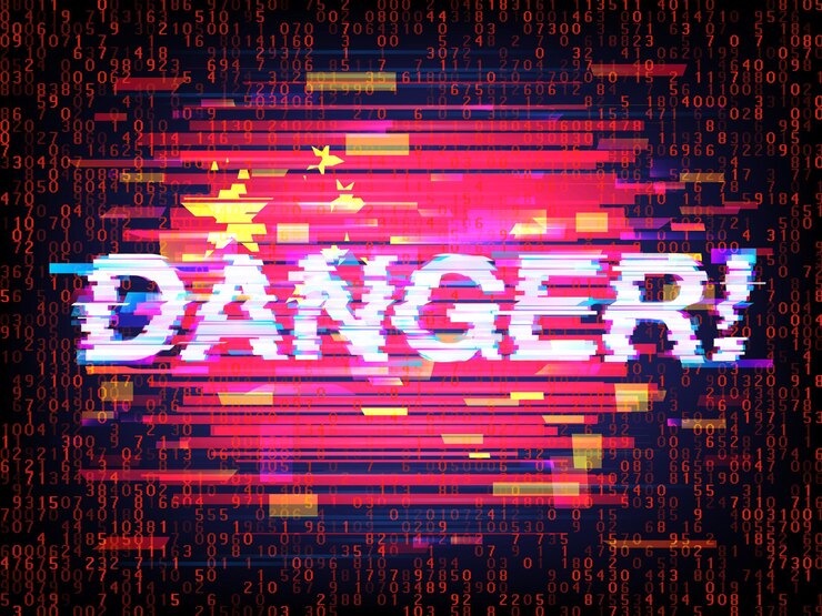 Vector inscription danger against the background of the china flag in style glitch. concept of breaking of system of safety of the different countries by the chinese hackers. vector illustration