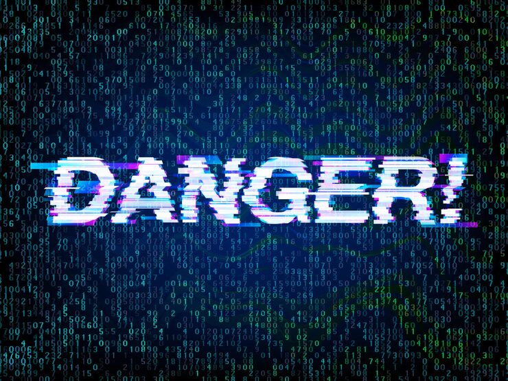 Vector inscription danger in glitch style with computer code background, glitched attention. computer hacked symbol, programming, hacker and coding error concept