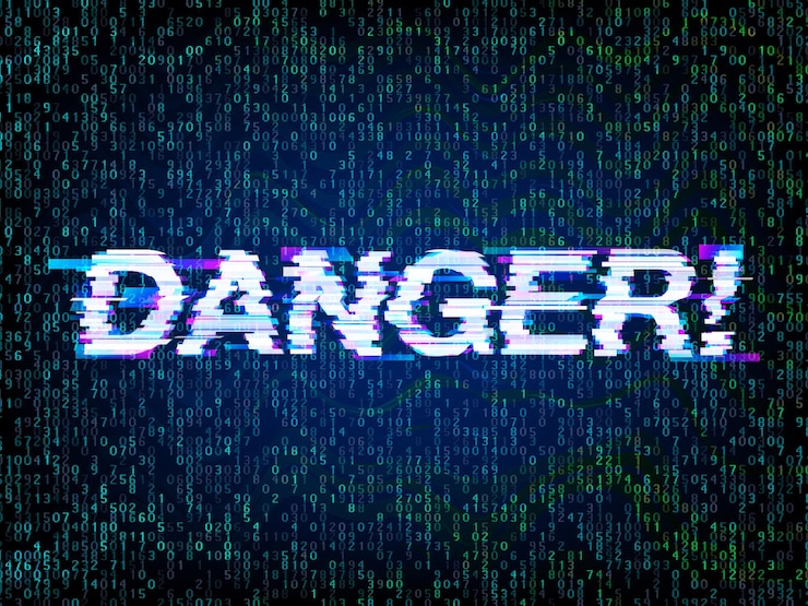 Vector inscription danger in glitch style with computer code background, glitched attention. computer hacked symbol, programming, hacker and coding error concept