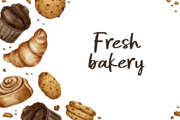 Vector inscription fresh bakery buns and croissant spiraled cinnamon roll cookie muffin pastry watercolor illustration template for bakery bakehouse cafe shop poster banner flyer confectioner