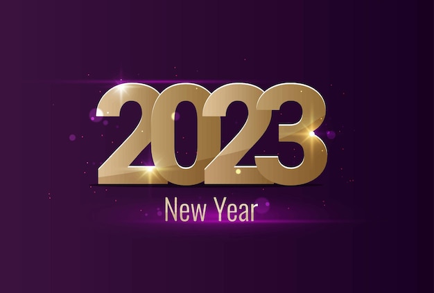 Inscription in gold letters New Year 2023 on a purple background background with sparkles and bokeh