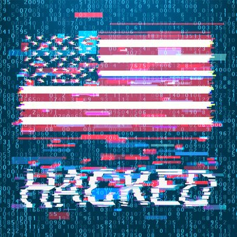 Iscrizione hacker sullo sfondo della bandiera americana in stile glitch con codice computer. concetto di rottura del sistema di sicurezza americano. illustrazione vettoriale
