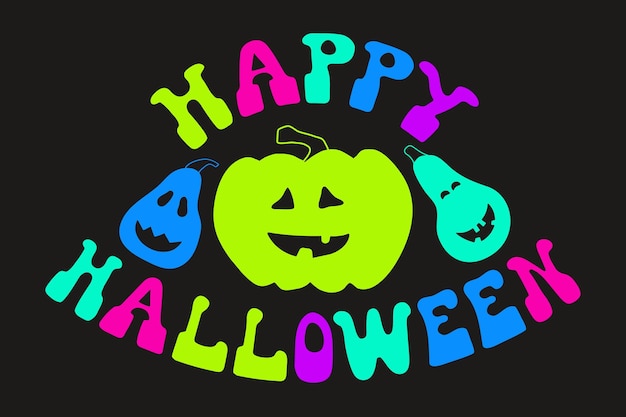 Надпись счастливого хэллоуина с тыквами в неоновых тонах