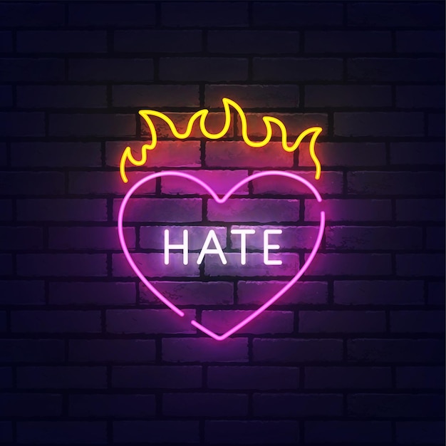 Надпись ненависть неоновая вывеска яркая вывеска свет баннер сердце в огне логотип неоновая эмблема