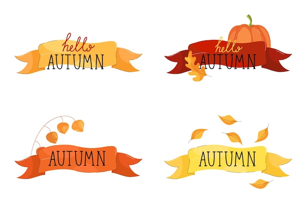 Vector inscription hello autumn on a ribbon with autumn leaves and flowers