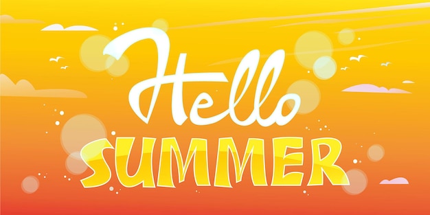 La scritta hello summer su uno sfondo di cielo giallo arancio lettering vector beautiful