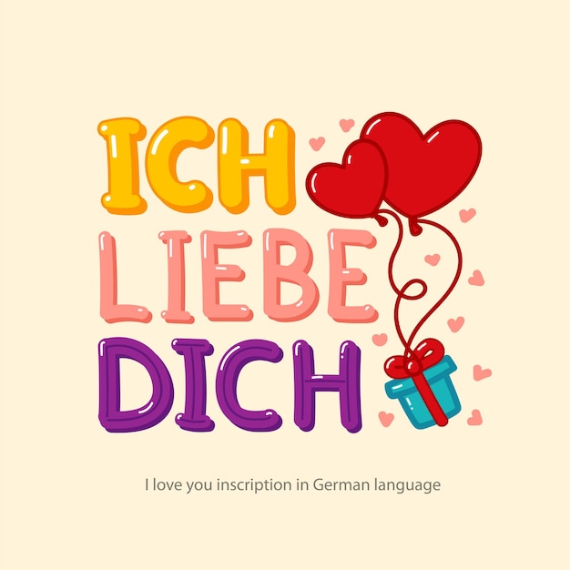 Inscription I Love You in German language handdrawn in cartoon style