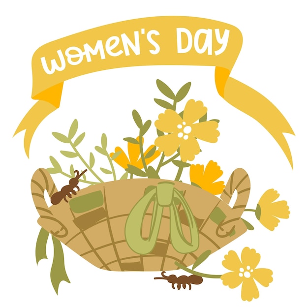 Inscription and illustration for March 8 basket with flowers and ribbon Women's Day Inscriptions